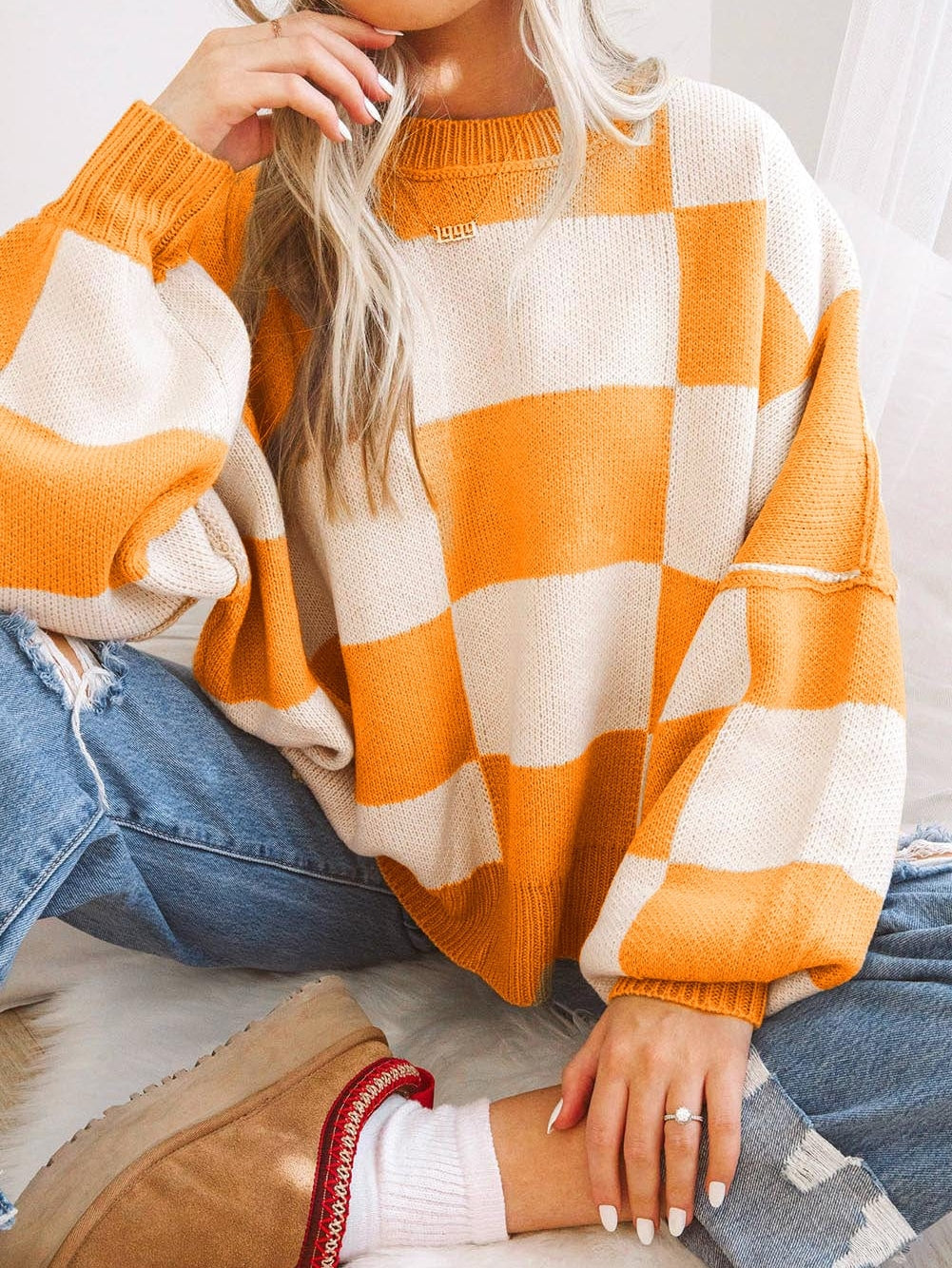 Autumnal Plaid Bishop Sleeve Sweater from MsDressly