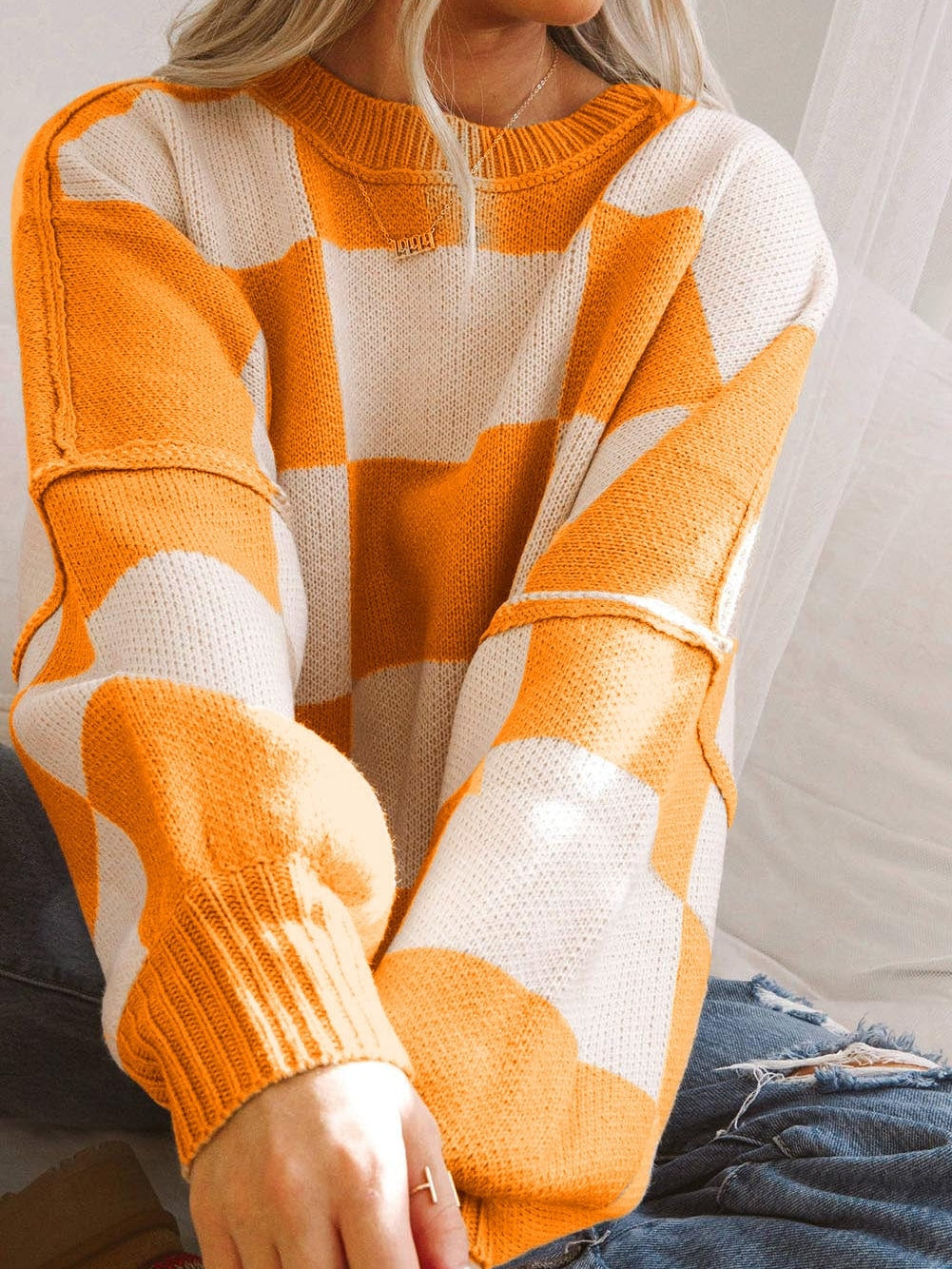 Autumnal Plaid Bishop Sleeve Sweater from MsDressly