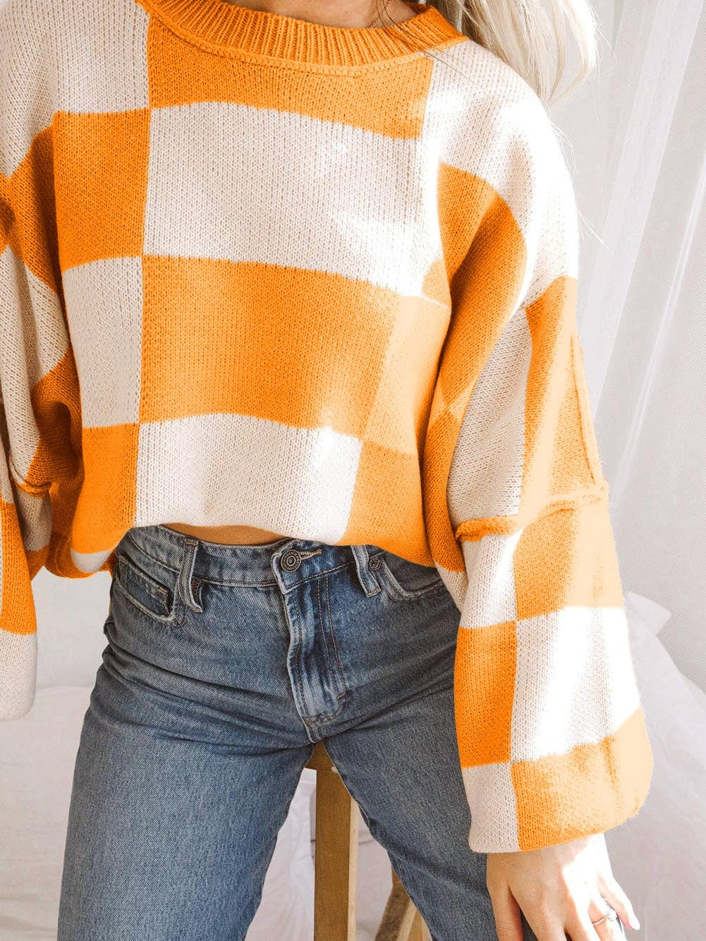 Autumnal Plaid Bishop Sleeve Sweater from MsDressly