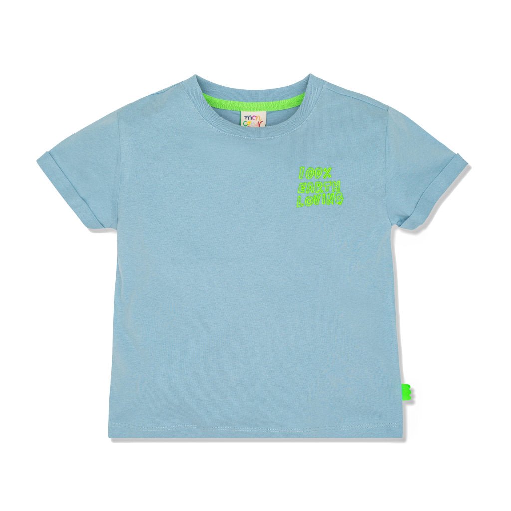 100% Earth loving Kid T-Shirt - Slate Blue/neon from Manymoons