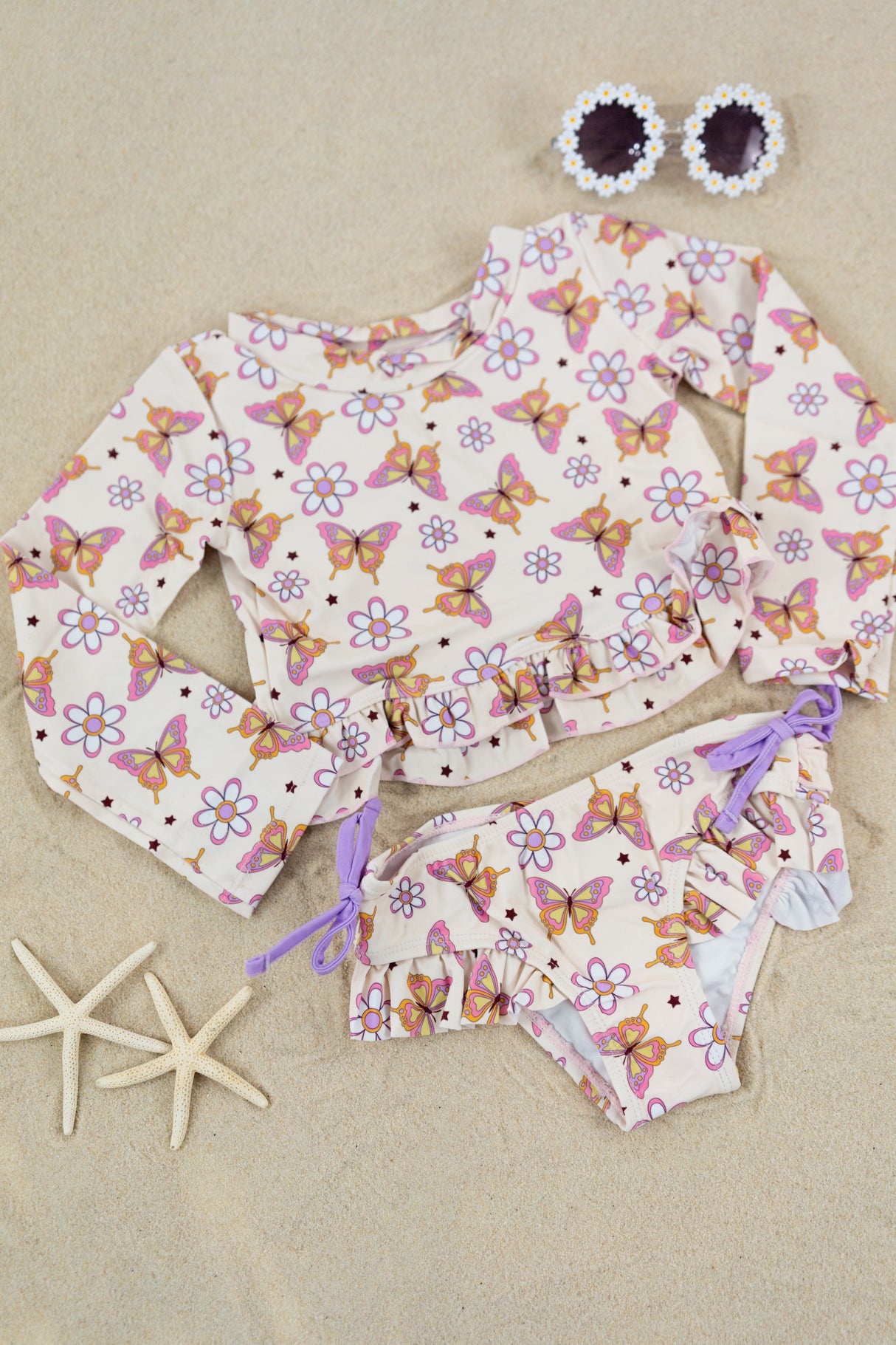 BLOSSOMIN’ BUTTERFLY DREAM 2-PIECE RASH GUARD RUFFLE SWIM SUIT from DREAM BIG LITTLE CO