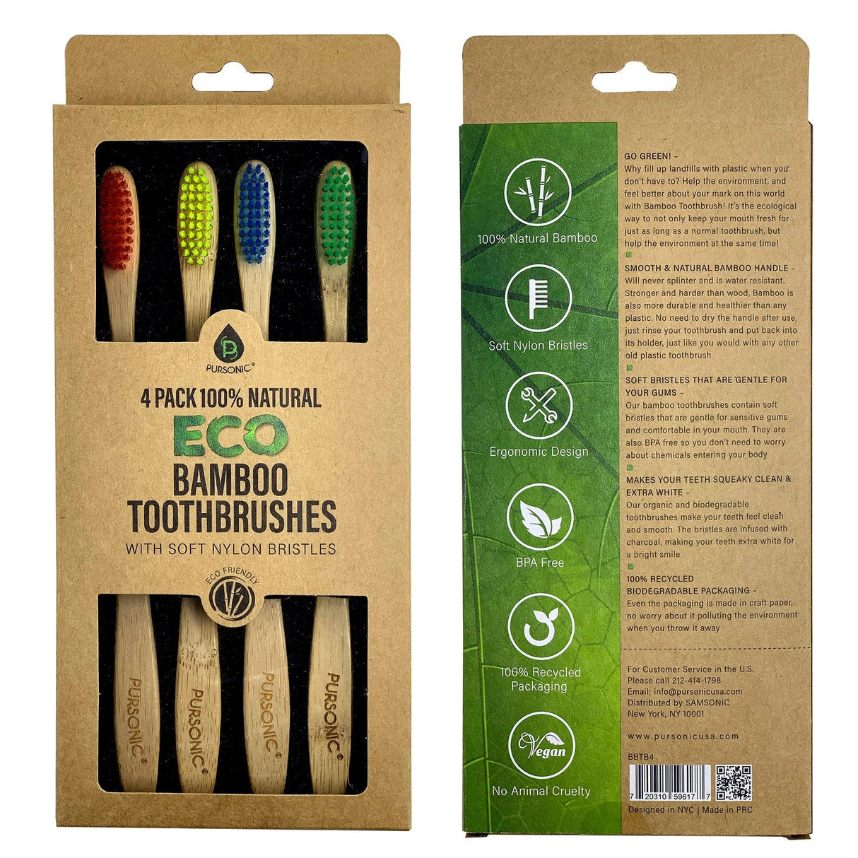 100% Natural Eco Bamboo Toothbrushes (4 pack) from Pursonic