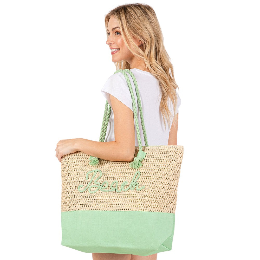 BEACH Message Rope Handle Crochet Fabric Tote Bag / Beach Bag  from Madeline Love