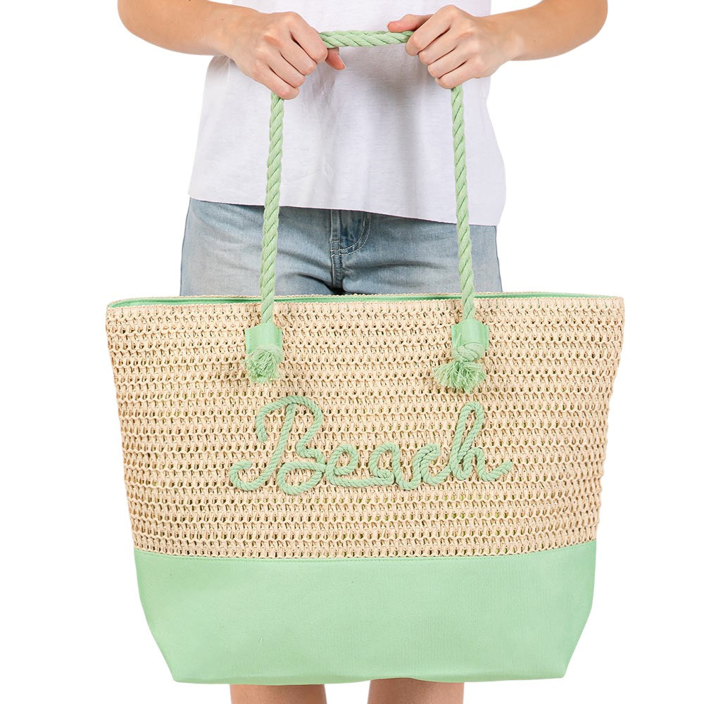 BEACH Message Rope Handle Crochet Fabric Tote Bag / Beach Bag  from Madeline Love