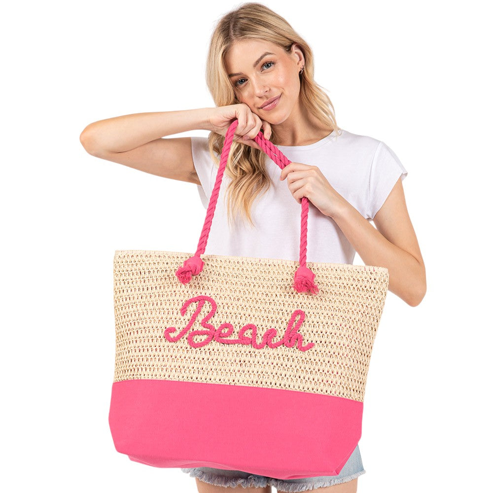 BEACH Message Rope Handle Crochet Fabric Tote Bag / Beach Bag  from Madeline Love