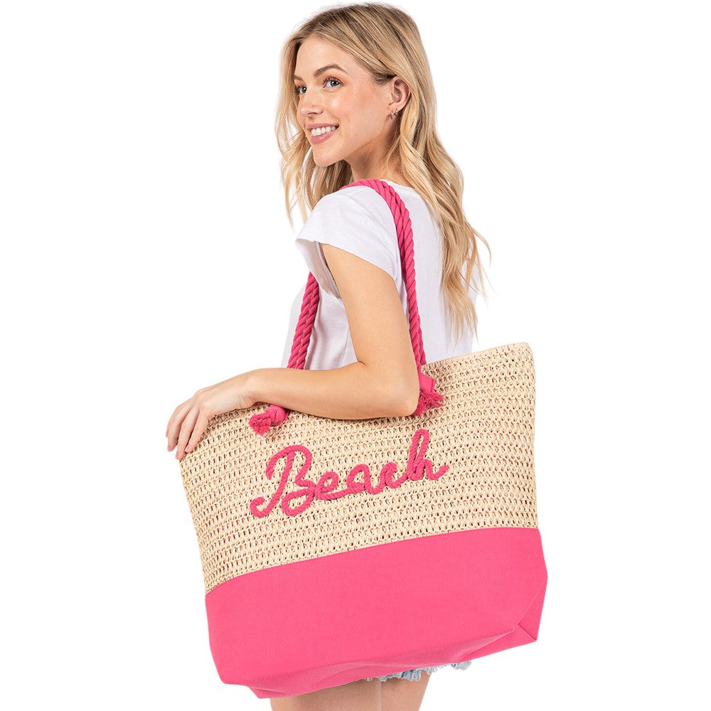 BEACH Message Rope Handle Crochet Fabric Tote Bag / Beach Bag  from Madeline Love