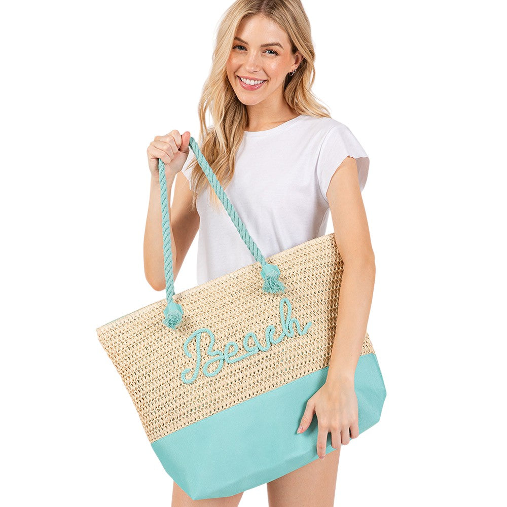 BEACH Message Rope Handle Crochet Fabric Tote Bag / Beach Bag  from Madeline Love