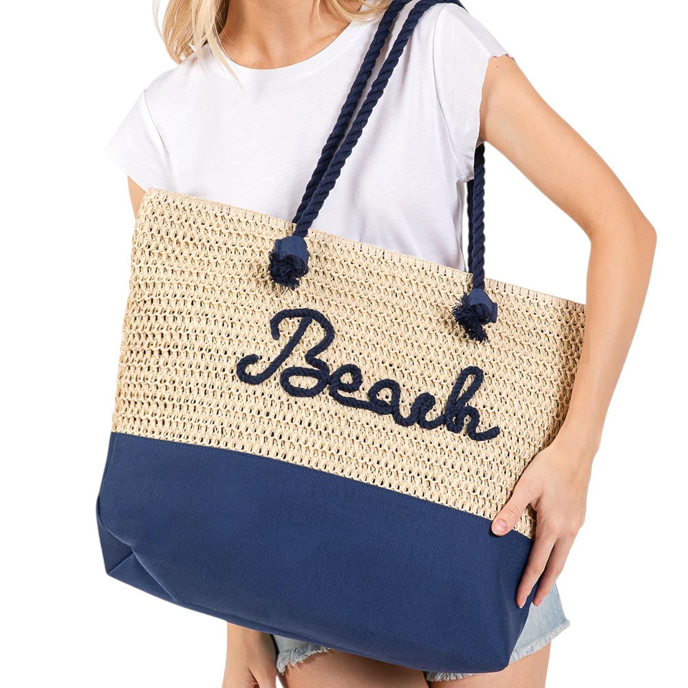 BEACH Message Rope Handle Crochet Fabric Tote Bag / Beach Bag  from Madeline Love