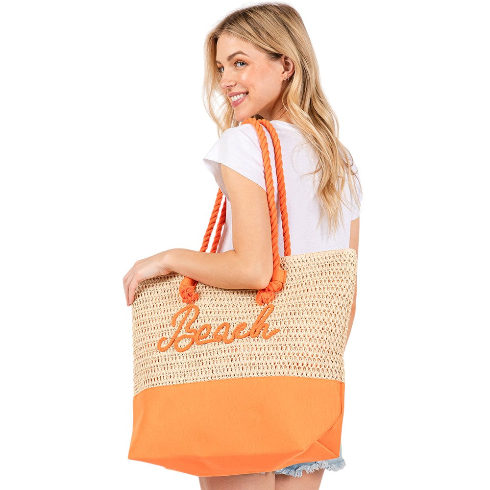 BEACH Message Rope Handle Crochet Fabric Tote Bag / Beach Bag  from Madeline Love