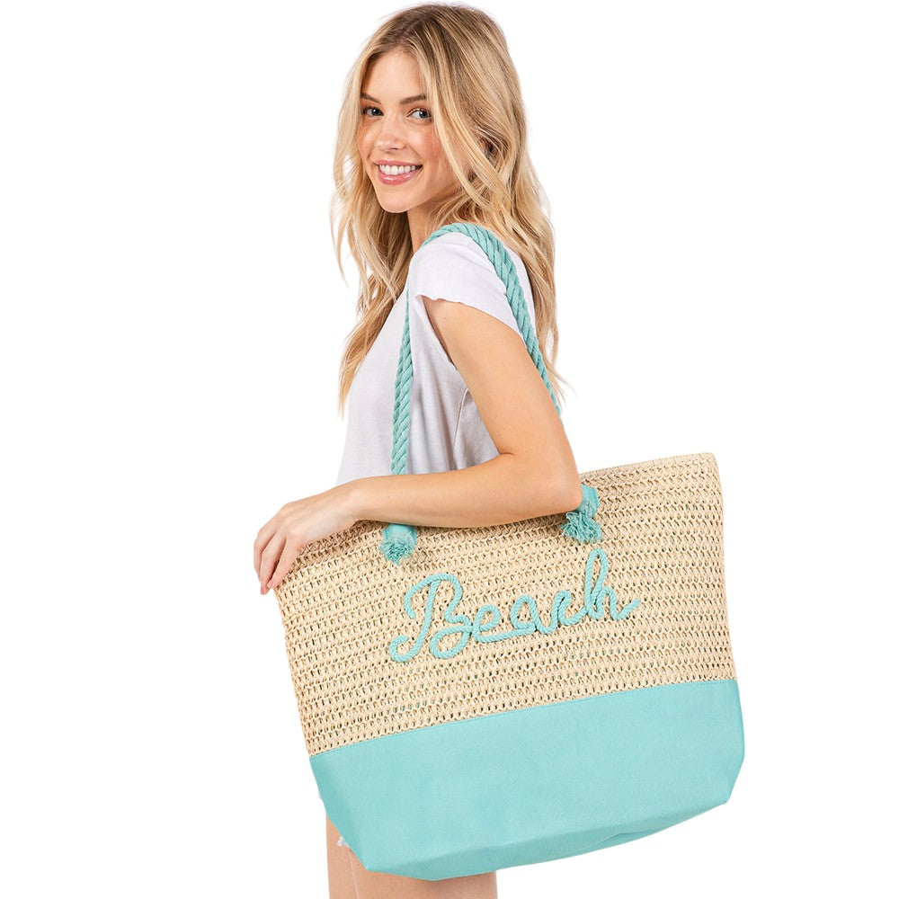 BEACH Message Rope Handle Crochet Fabric Tote Bag / Beach Bag  from Madeline Love