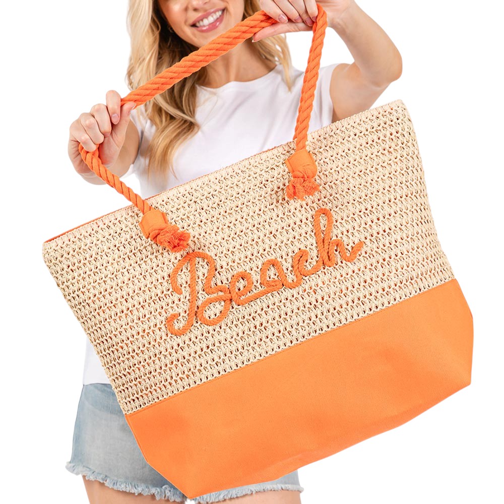 BEACH Message Rope Handle Crochet Fabric Tote Bag / Beach Bag  from Madeline Love