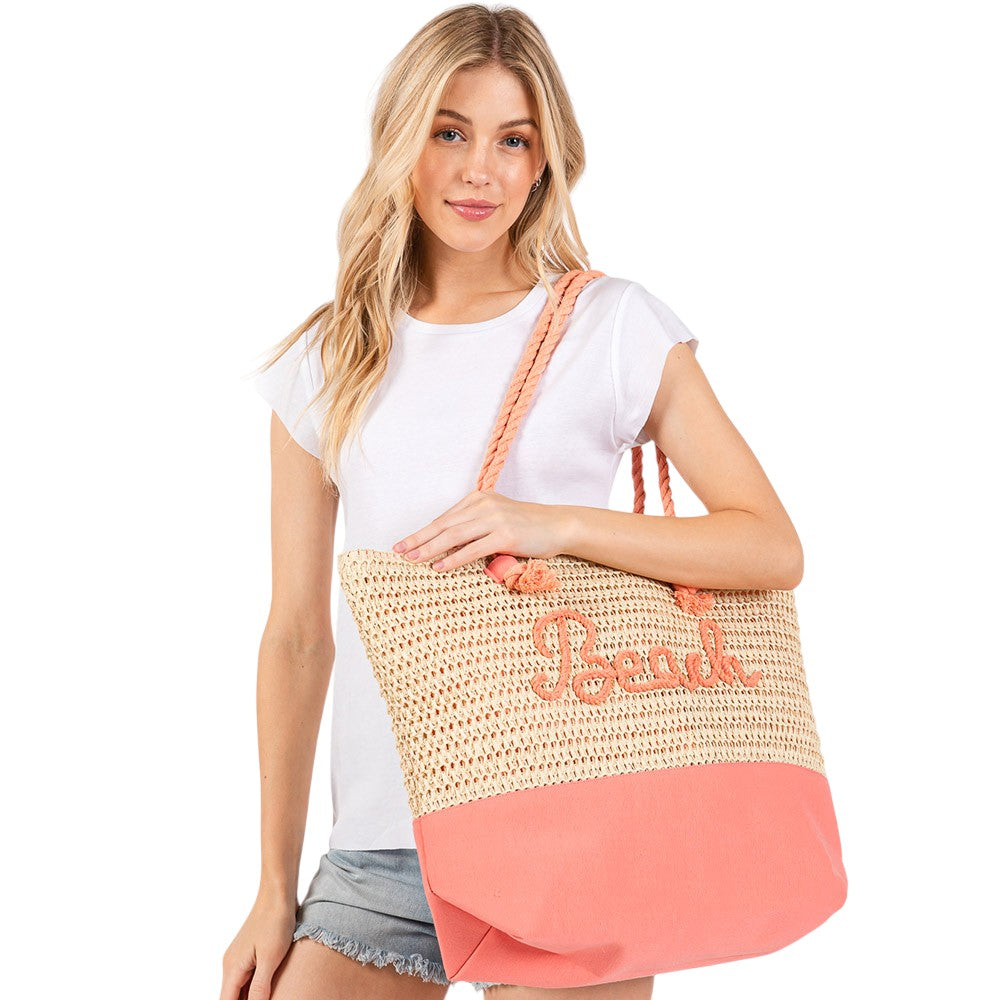 BEACH Message Rope Handle Crochet Fabric Tote Bag / Beach Bag  from Madeline Love