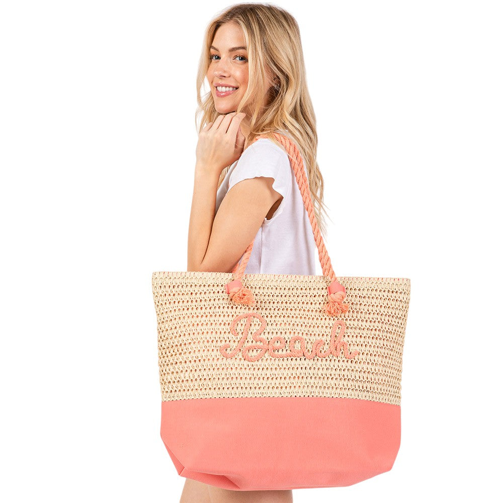 BEACH Message Rope Handle Crochet Fabric Tote Bag / Beach Bag  from Madeline Love