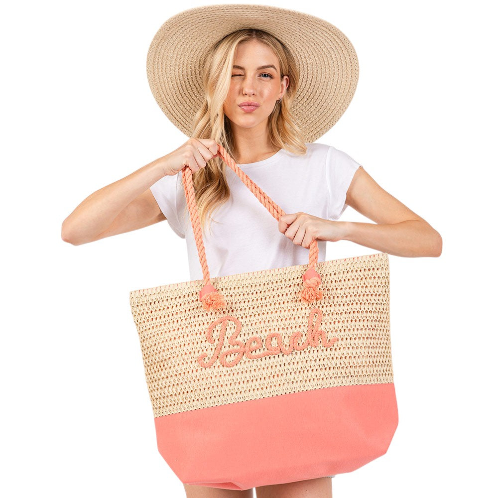 BEACH Message Rope Handle Crochet Fabric Tote Bag / Beach Bag  from Madeline Love