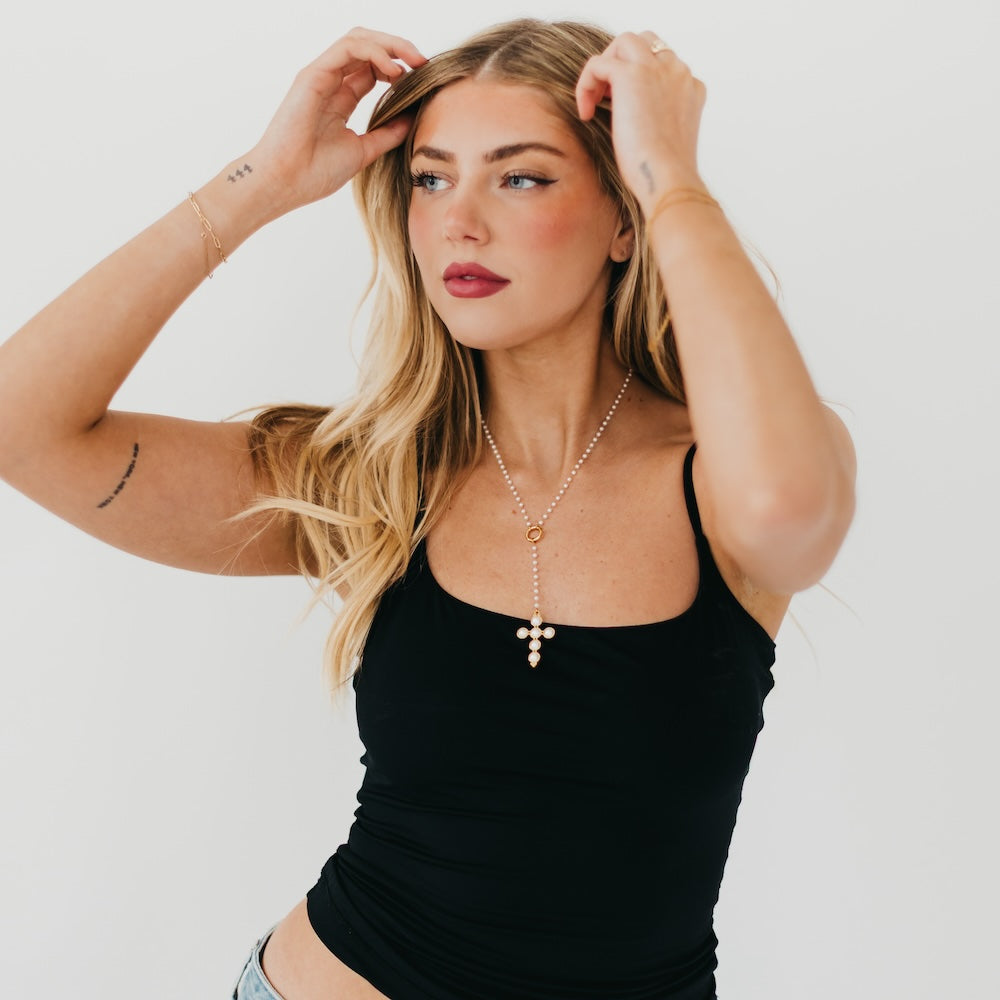 Belinda Pearl Cross Y-Drop Necklace - WATERPROOF from Pretty Simple