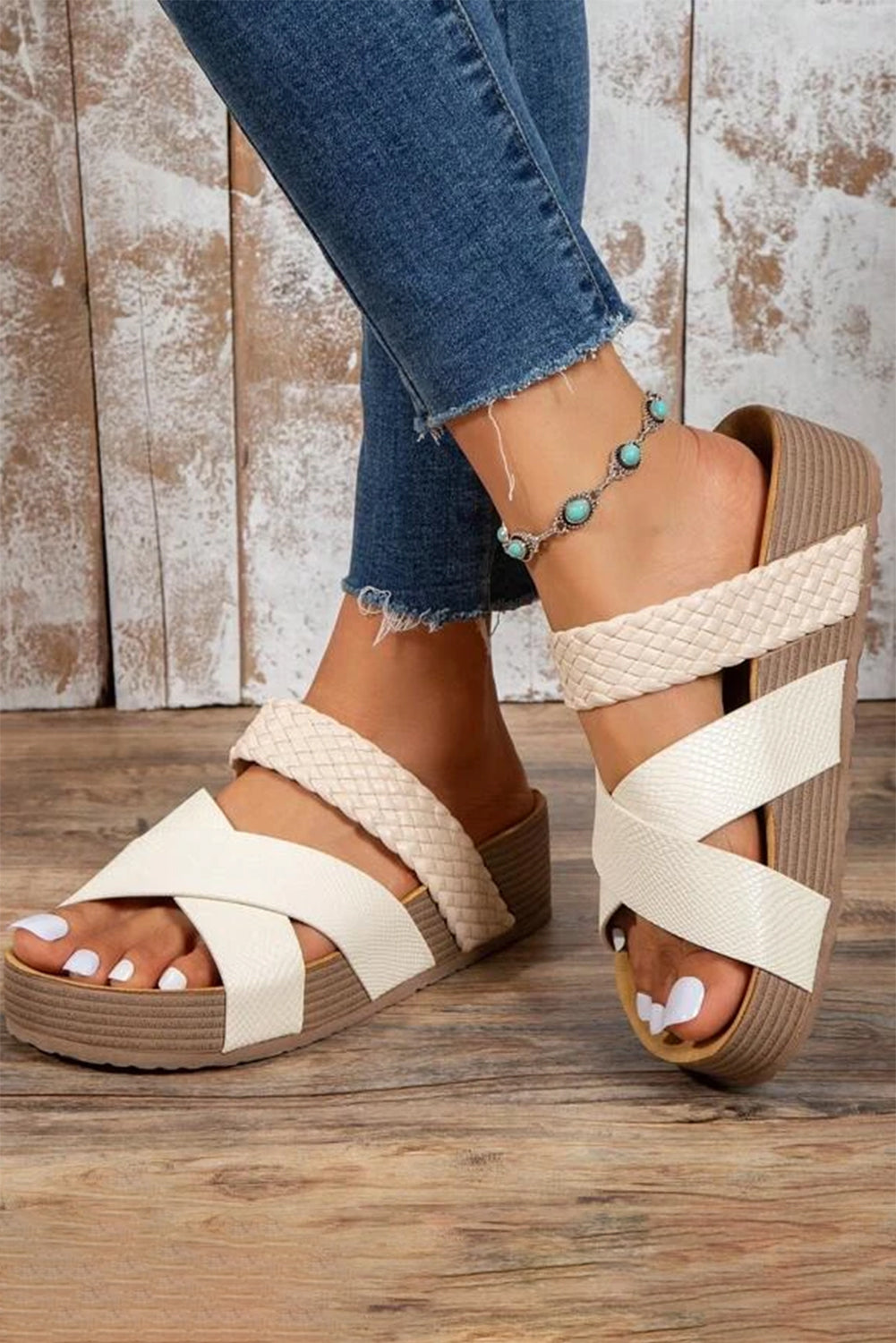 Braided Detail Criss Cross Platform Slippers from Threaded Pear