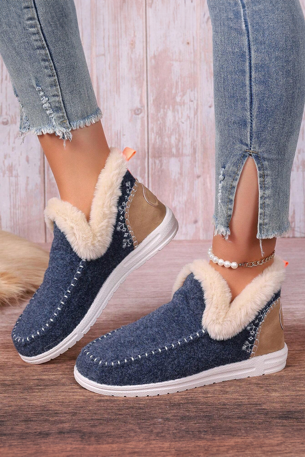 Anna Suede Stitching Plush Lined Anklet Boots from Threaded Pear