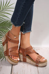 Hollow Out Velcro Leather Wedge Sandals from Threaded Pear