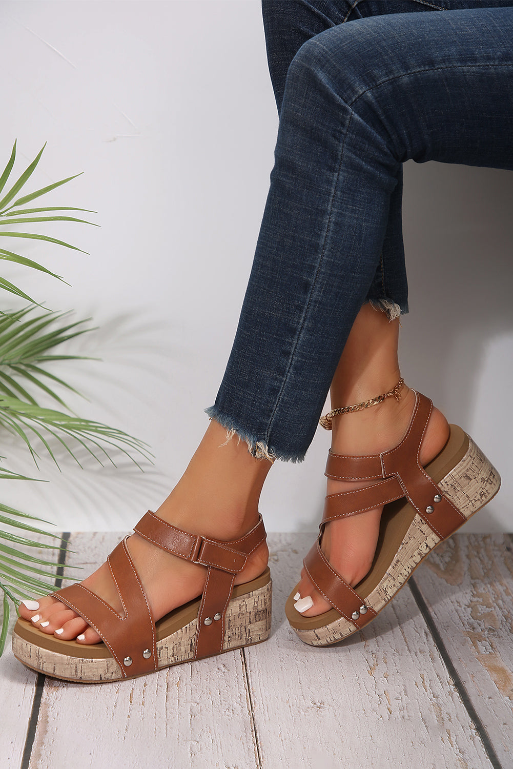 Hollow Out Velcro Leather Wedge Sandals from Threaded Pear