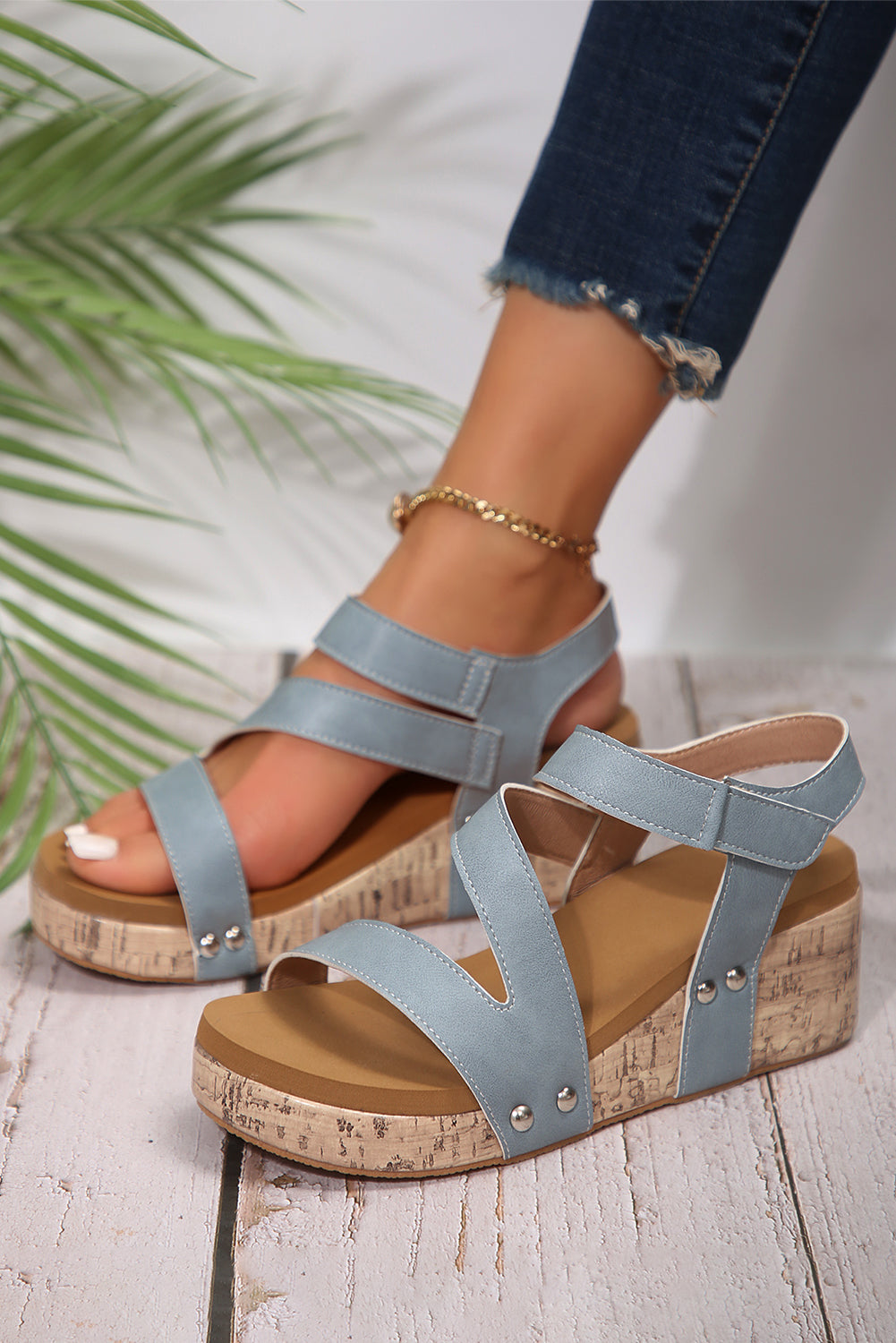 Hollow Out Velcro Leather Wedge Sandals from Threaded Pear