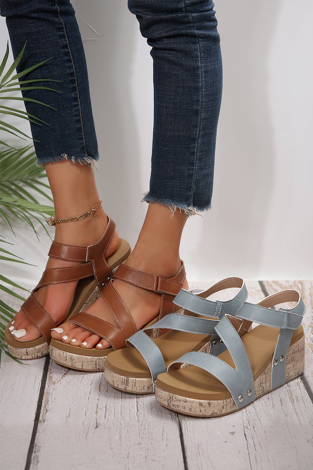 Hollow Out Velcro Leather Wedge Sandals from Threaded Pear