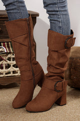 Suede Double Buckled Side Zipped Mid-calf Boots from Threaded Pear