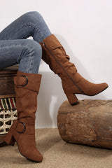 Suede Double Buckled Side Zipped Mid-calf Boots from Threaded Pear