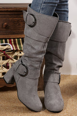 Suede Double Buckled Side Zipped Mid-calf Boots from Threaded Pear