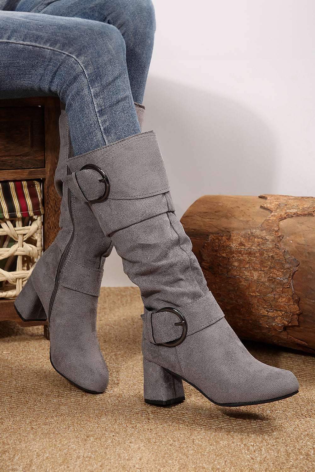 Suede Double Buckled Side Zipped Mid-calf Boots from Threaded Pear