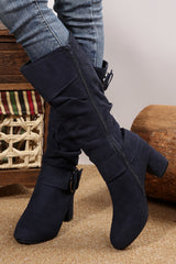 Suede Double Buckled Side Zipped Mid-calf Boots from Threaded Pear