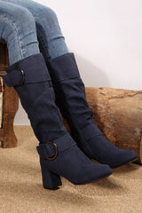 Suede Double Buckled Side Zipped Mid-calf Boots from Threaded Pear