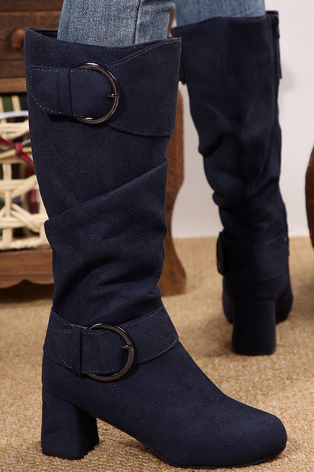 Suede Double Buckled Side Zipped Mid-calf Boots from Threaded Pear
