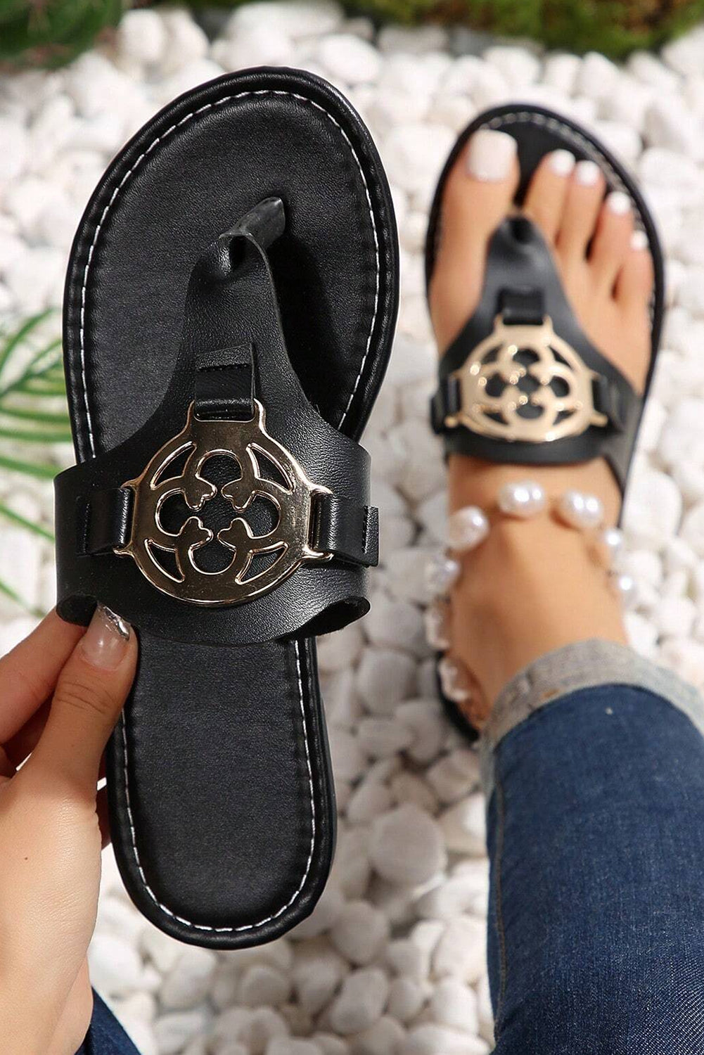 Metal Decor Thong Slippers from Threaded Pear