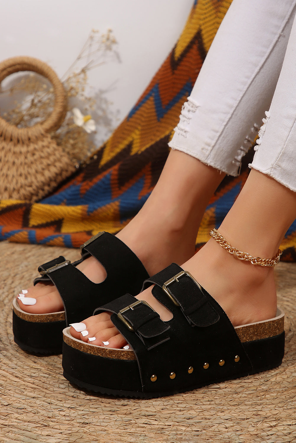 Suede Buckle Decor Footbed Sandal Slippers from Threaded Pear