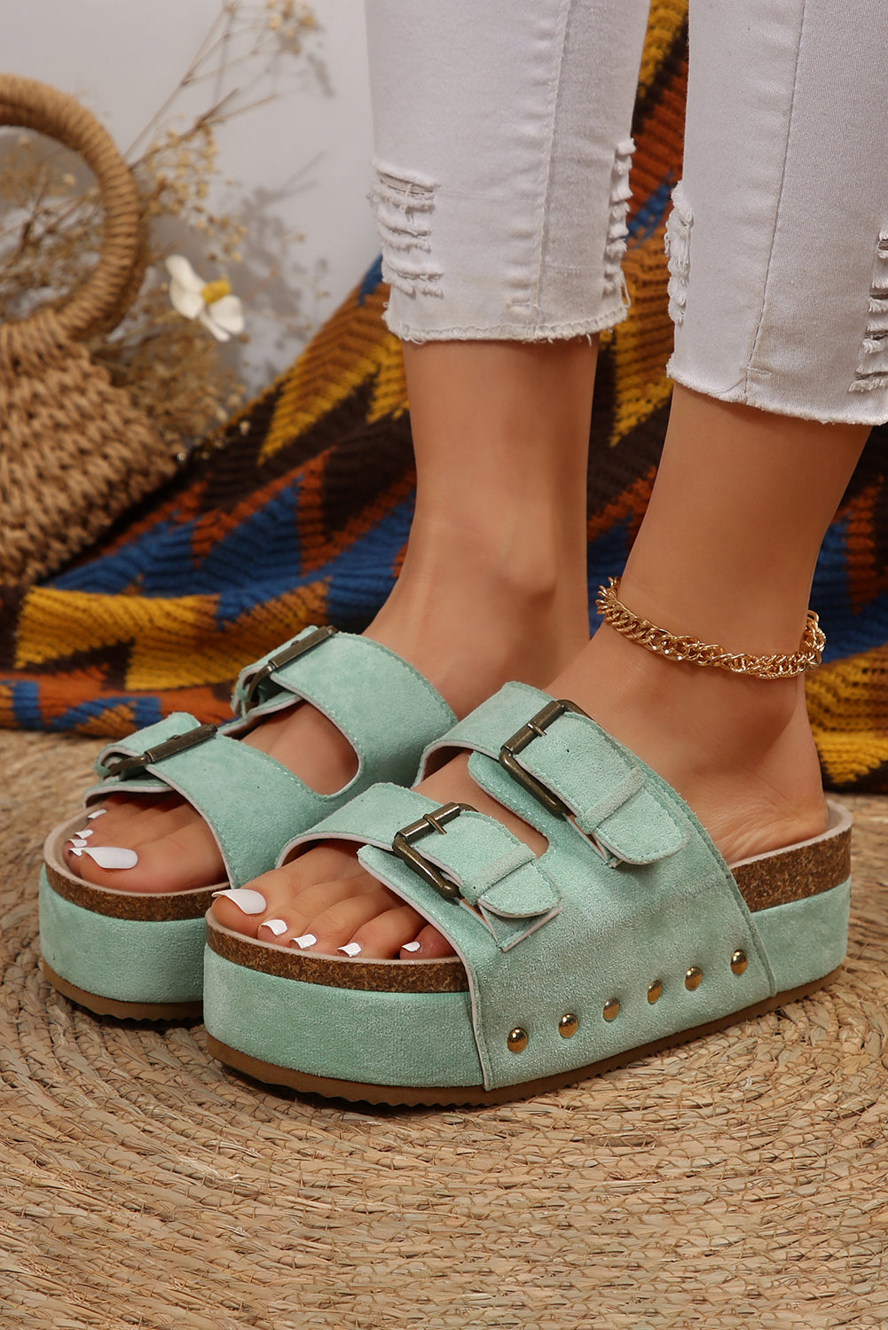 Suede Buckle Decor Footbed Sandal Slippers from Threaded Pear