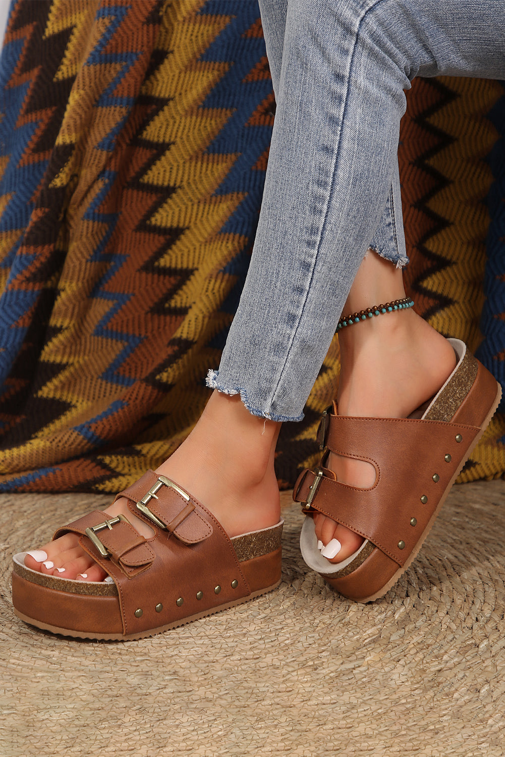Dual Buckle Studded Platform Sandal Slippers from Threaded Pear
