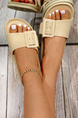 Buckle Decor Wide Band Thick Sole Slippers from Threaded Pear