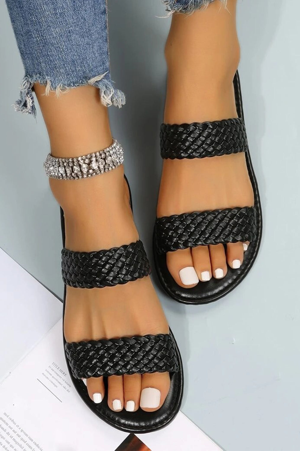 Braided Double Band Leathered Flat Slippers from Threaded Pear