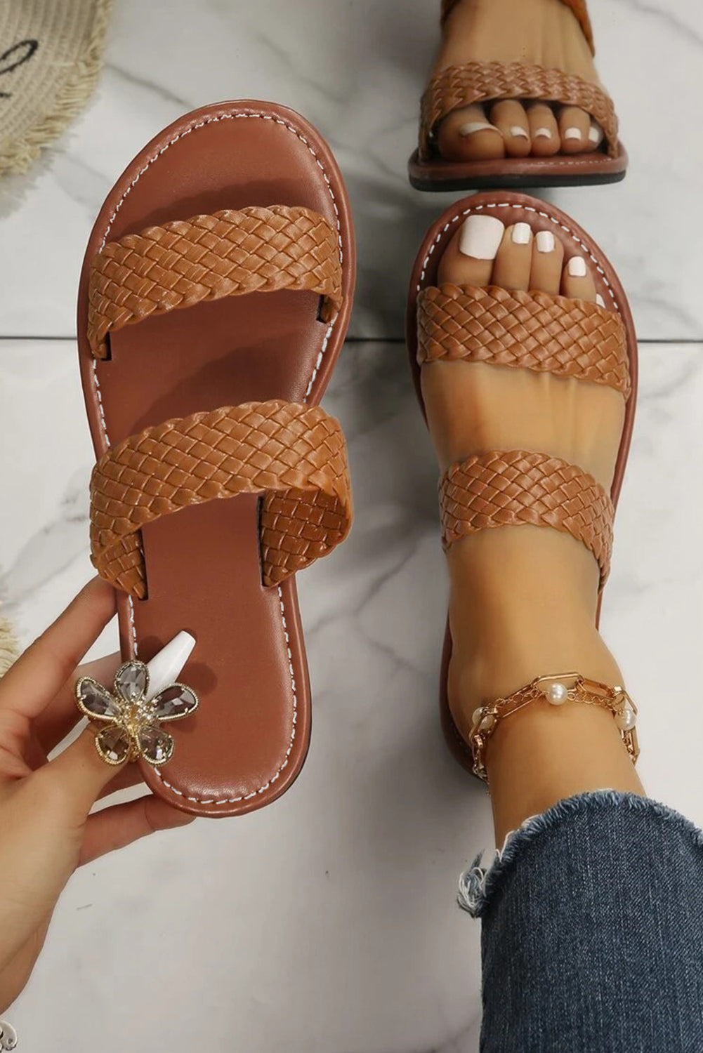 Braided Double Band Leathered Flat Slippers from Threaded Pear