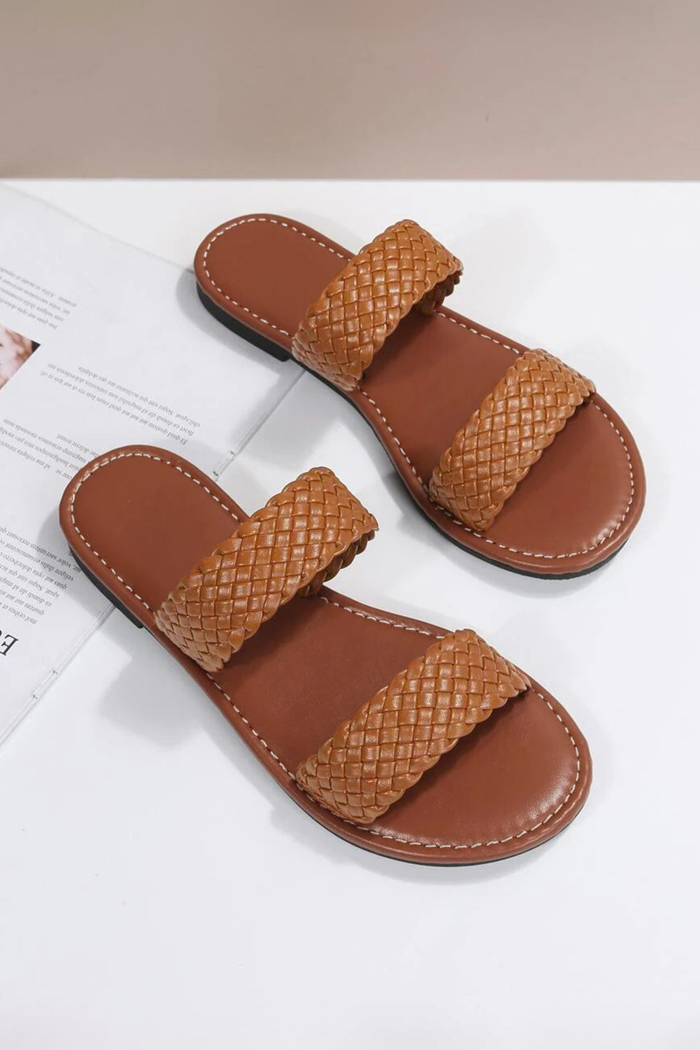 Braided Double Band Leathered Flat Slippers from Threaded Pear