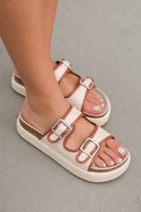 Beige Linen Dual Buckle Strap Thick Sole Slippers from Threaded Pear