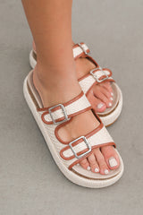 Beige Linen Dual Buckle Strap Thick Sole Slippers from Threaded Pear