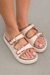 Beige Linen Dual Buckle Strap Thick Sole Slippers from Threaded Pear