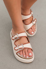 Beige Linen Dual Buckle Strap Thick Sole Slippers from Threaded Pear