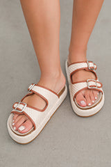 Beige Linen Dual Buckle Strap Thick Sole Slippers from Threaded Pear