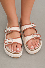Beige Linen Dual Buckle Strap Thick Sole Slippers from Threaded Pear
