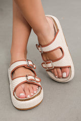 Beige Linen Dual Buckle Strap Thick Sole Slippers from Threaded Pear