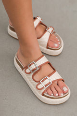 Beige Linen Dual Buckle Strap Thick Sole Slippers from Threaded Pear