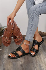Saylor Buckle Decor Dual Bands Flat Slippers from Threaded Pear