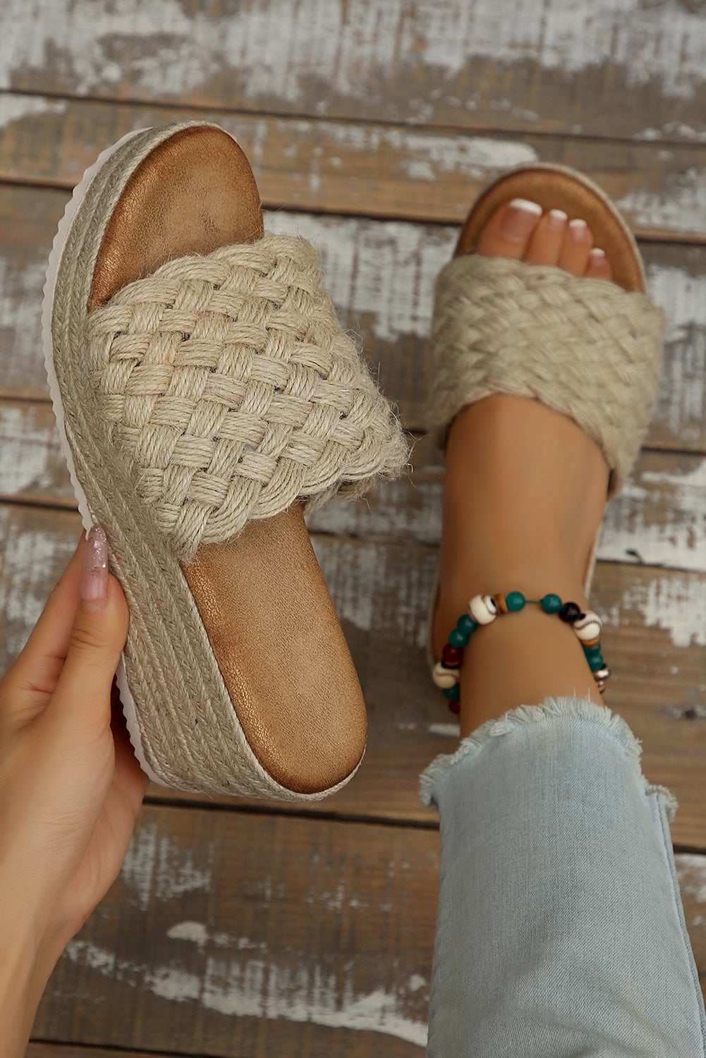 Woven Wide Band Platform Slippers from Threaded Pear